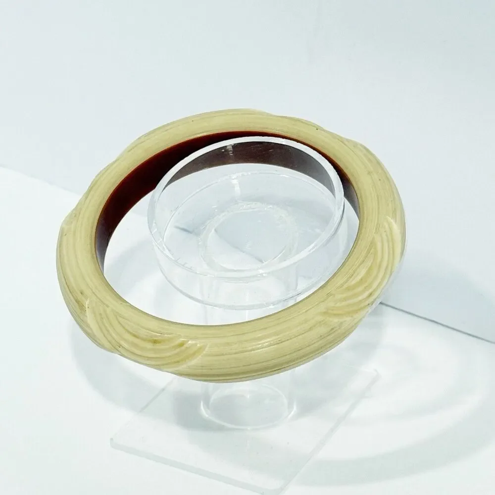 Vintage Carved Cream & Brown Bangle Bracelet Retro Bakelite Style Inner Dia - Picture 4 of 13